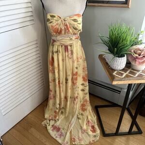 Birdy Grey Dress Womens 1X Yellow Floral Maxi Strapless Feminine Fairy Wedding